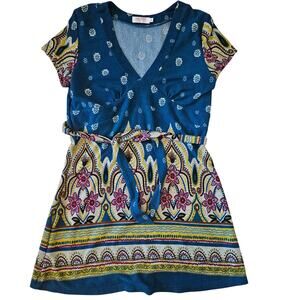 Funky People Turquoise Gold Tunic Knit Top with waist tie size XL